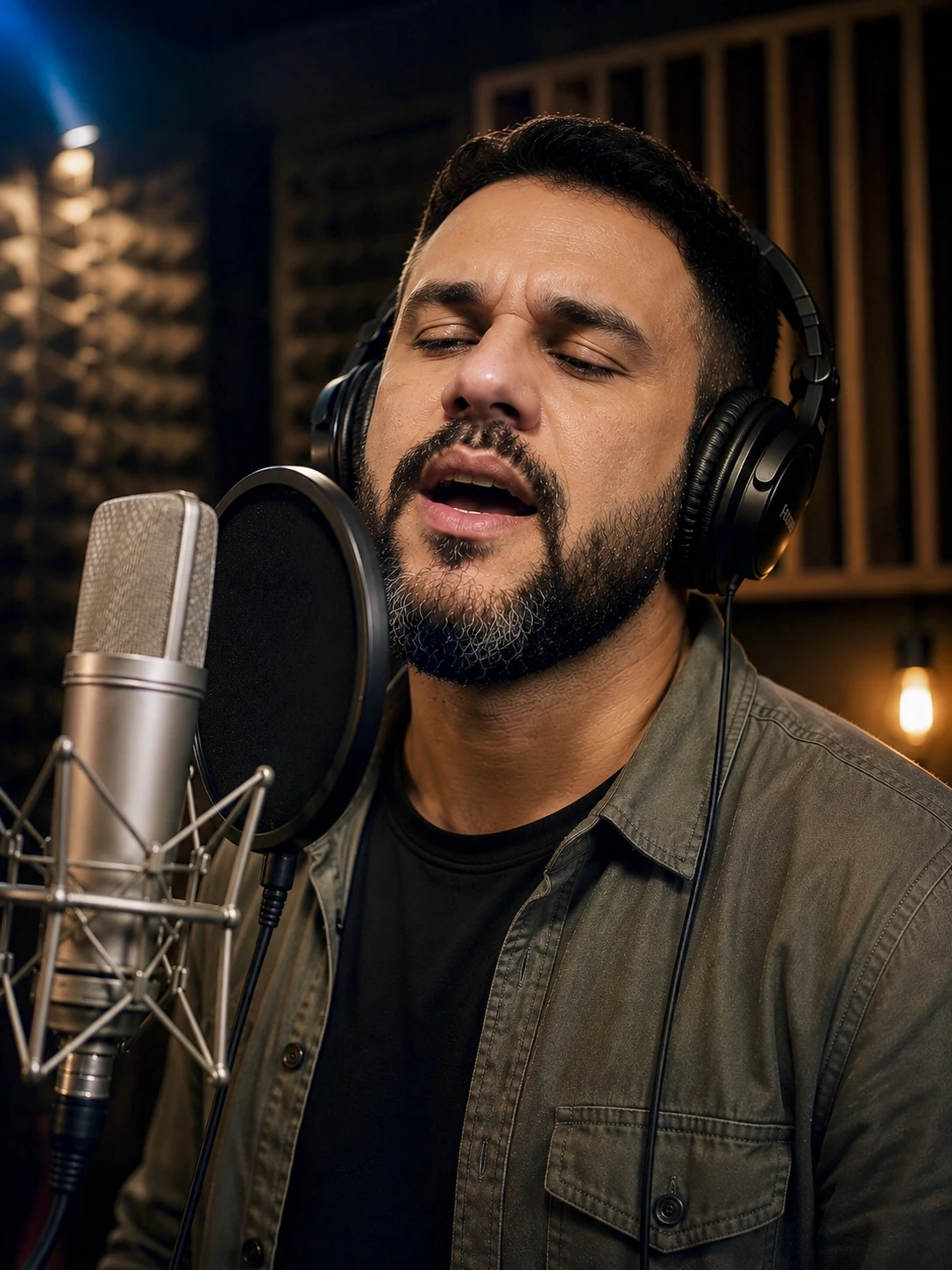 Rafael cantando com fones e camisa verde no estúdio